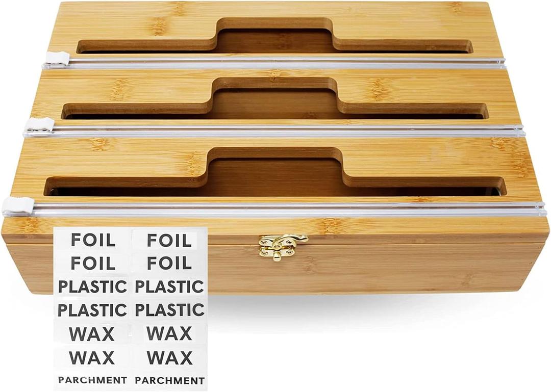 3-in-1 Premium Bamboo Aluminum Foil & Plastic Wrap Dispenser | Kitchen Organizer with Cutter | Great for Foil, Wax Paper, Plastic Wrap & More