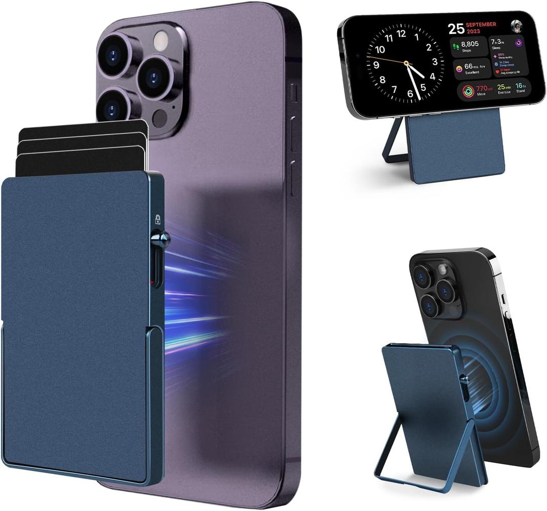 MPVWALT Metal Card Holder with Strong Magnet for Magsafe Wallet, Pop up Card Case Slim Aluminum Body Compatible with Apple iphone 16/15/14/13/12 Series (Not 13/12 Mini) or Magnetic Phone, RFID Block (Navy Blue)