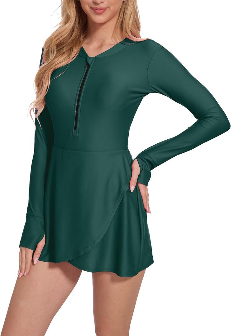 Long Sleeve Swimsuits for Women UPF 50+ Swim Dress Swimwear One Piece Bathing Suit with Skirts Rash Guard Over 50 (Medium, Dark Green)