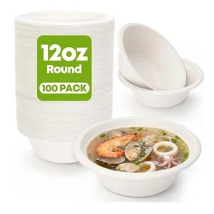 W&Y 12 oz Paper Bowls, 100-Count Disposable Compostable Bowls, Microwave Safe & Heavy Duty, Biodegradable Sugarcane Fiber Bowl for Hot Soup, Salad, Snacks, and Party Use