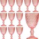 Set of 12 Vintage Glasses, 10 Ounce Colored Glass Water Goblets, Unique Embossed Pattern High Clear Stemmed Glassware Wedding Party Bar Glass Drinking Cups, Diamond Pink Glasses