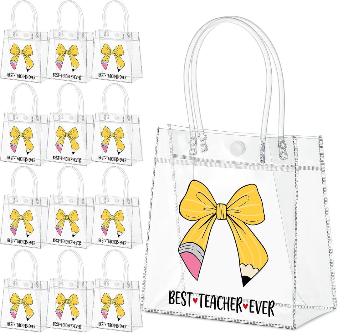 12 x Gilprop Pcs Clear PVC Gift Bags with Handles Transparent Party Favor Bags Reusable Plastic Treat Tote for Mother's Day Teacher Appreciation Week Gift Supplies, 5.9 x 6.3 x 2.76''(12,Best Teacher)