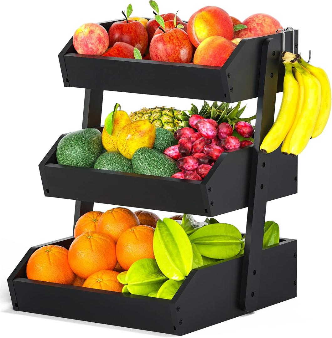 Gmtsl Bamboo Fruit Basket for Kitchen – 3 Tier Fruit Bowl For Kitchen Counter, Large Fruit Holder With 2 Banana Hangers, Idea For Fruit and Vegetable Storage, Bread Basket, Snack Organizer(BLACK)