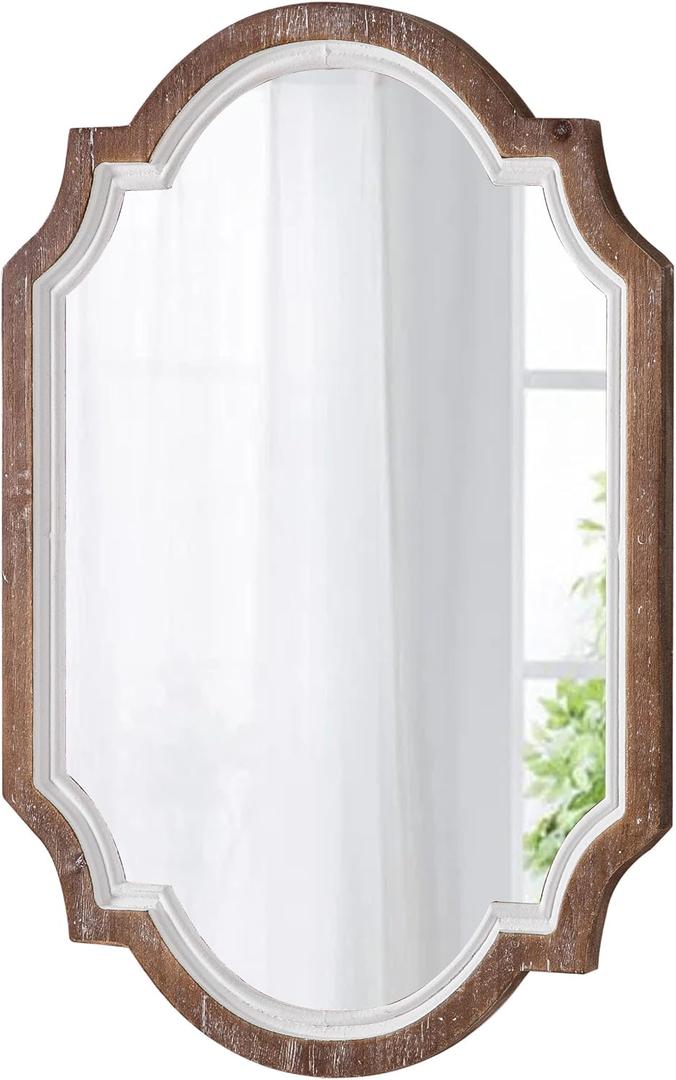 Farmhouse Oval Mirrors for Wall 16 X 22 Inch, Hanging Vintage Oval Mirrors for Bathroom, Distressed White Rustic Wood Framed Entryway Mirror with Scalloped Corner Living Room