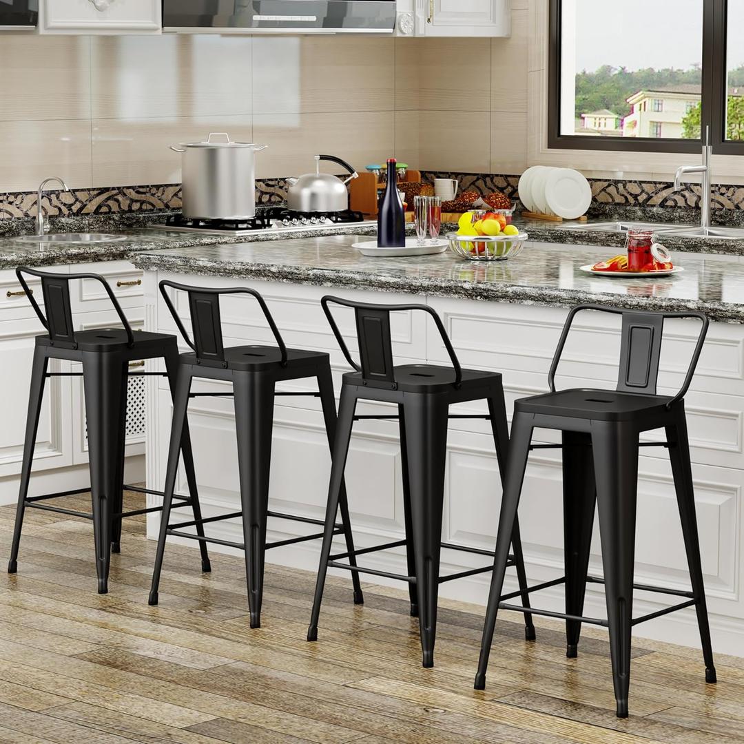 Metal Bar Stools Set of 4 Barstools Bar Height Bar Stools with Back Industrial Bar Stool Indoor Counter Stool Kitchen Island Stools Modern Bar Chair 30inch Matte Black
