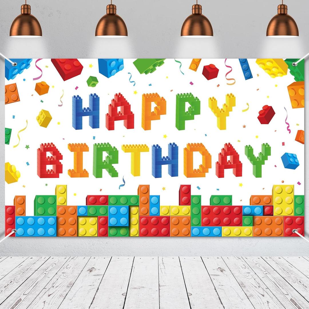 Panelee Building Block Birthday Banner Building Blocks Party Backdrop Decoration Happy Birthday Banner Photography Background for Party, 72.8 x 43.3 Inch (White)
