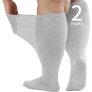 Wide Diabetic Socks for Men Women Plus Size, Extra Long Edema Sock with Thickened Sole, Non-Binding Loose Fit Socks for Swollen Feet, Lymphedema - 2 Pairs Gray