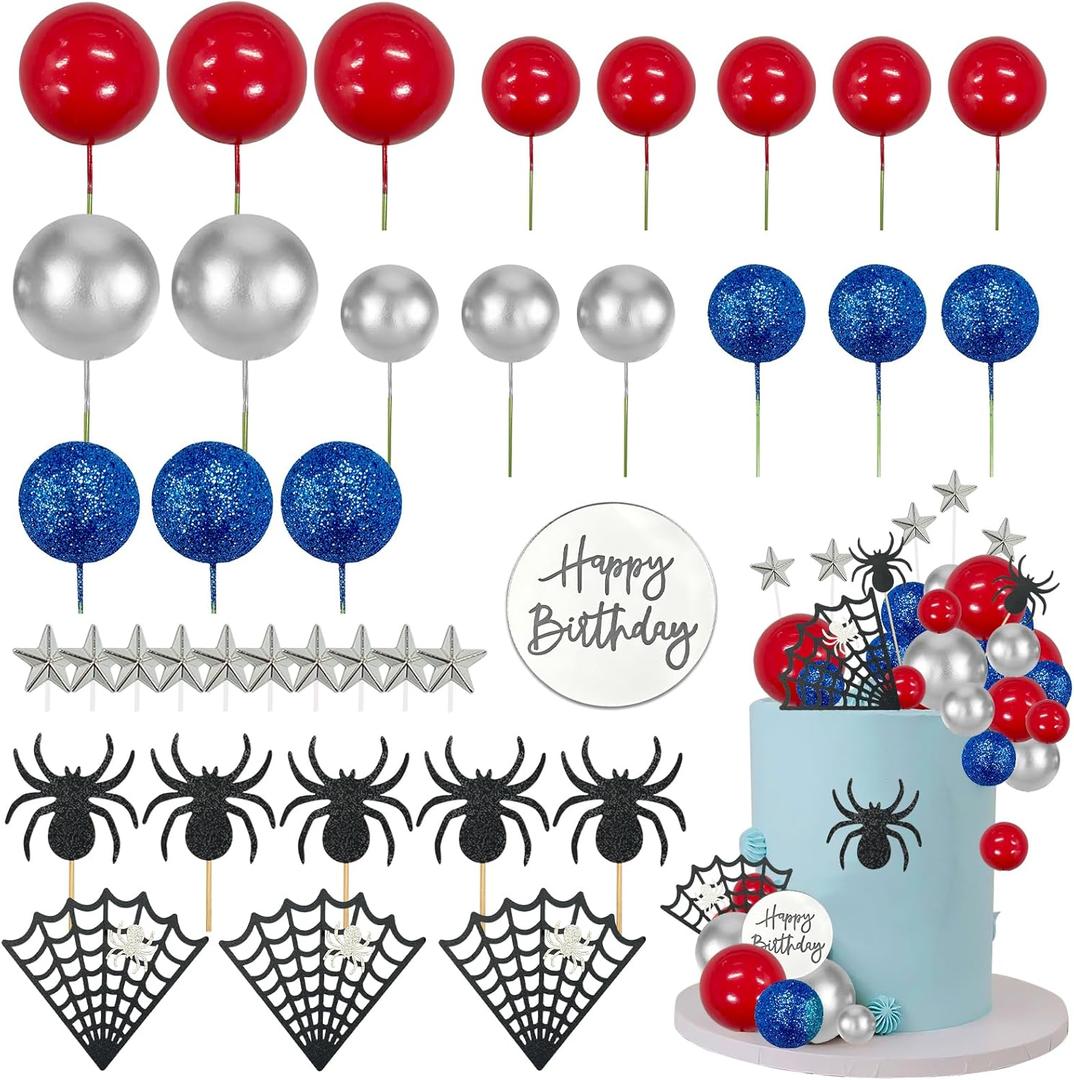 Morofme Spider Cake Topper Spider Web Cupcake Decorations Spiders Theme Cake Decor Glitter Happy Birthday Toppers Stars Red Silver Blue Balls Cupcake Topper for Boys Men Baby Shower Party Supplies