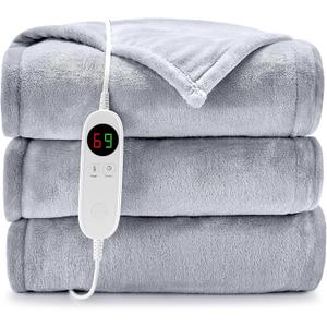 HYLEORY Heated Electric Blanket Throw 50" x 60" Soft Warm Flannel with 6 Heating Levels & 9 Hours Timer Auto Shutt Off, Heating Blanket for Full Body - Light Grey