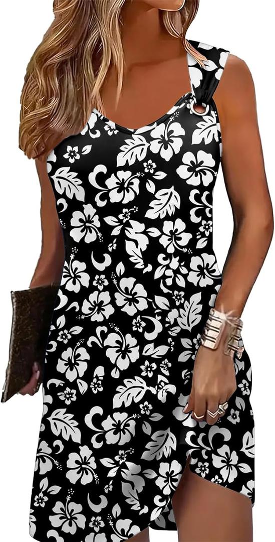 Summer Dresses for Women Sleeveless Casual Sundresses Loose Beach Cover Ups Trendy Tank Midi Sun Dress (Small, Floral 35 Black Szy)