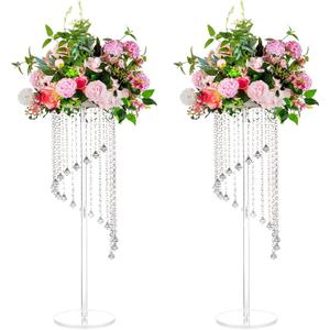 Flower Vases Wedding Centerpieces, 2 Pcs 16" Tall Clear Acrylic Decoration Vase Stands with Crystal Bead, Elegant Geometric Flowers Stand for Wedding Birthday Party Event Decoration