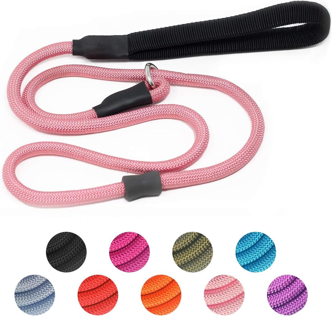 Strong Slip Rope Dog Training Leash (6ft) - Heavy Duty Durable Braided Nylon Lead with Rubber Stopper & Padded Handle - No Pull Walking for Medium Large Dogs (Pink, 1/2" x 6ft)