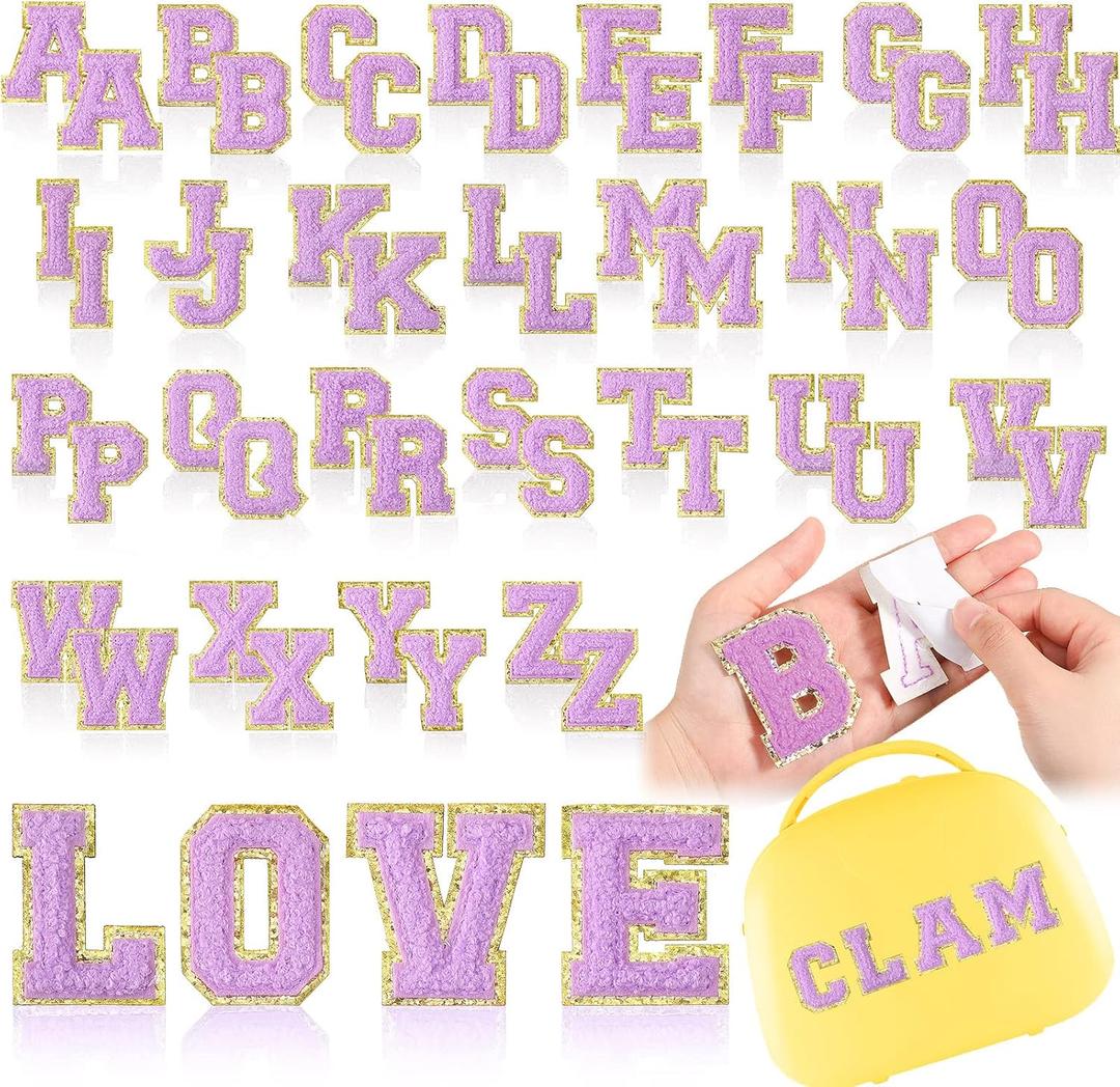 WILLBOND 52 Pcs Self Adhesive Chenille Letter Patches, 2.2/2.8 Inch A-Z Embroidered Alphabet Stickers for Clothes Bags Hats DIY Craft Supplies Christmas Personalized Gifts(Purple,2.2 Inch)