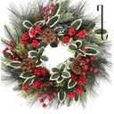 24 Inch Christmas Wreath, Xmas Wreath for Front Door with Hanger, Farmhouse Rattan Base Christmas Decor with Red Berry Pine Cone Spruce, Artificial Wreath Christmas Decorations for Indoor Outdoor Use