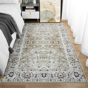 Machine Washable Rug 4x6 Area Rug, Boho Rugs for Bedroom Bedside Living Room Dining Room Office, Anti Slip Low-Pile Stain Resistant Printed Vintage Floral Carpet, Taupe