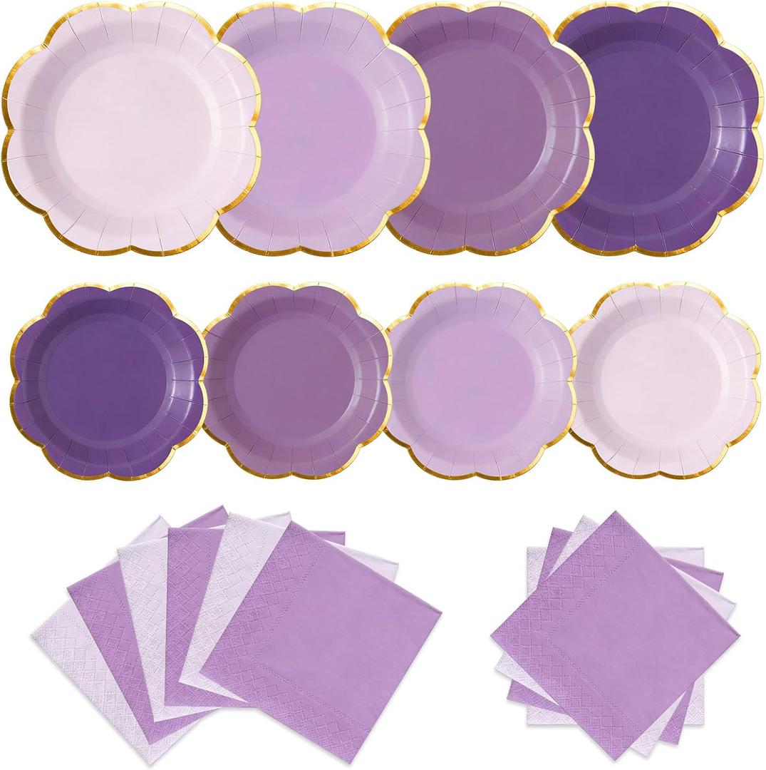 Purple Plates and Napkins Party Supplies for 20 Guests, Lavender Scalloped Paper Plates with Gold Rim, Elegant Disposable Tableware Set for Birthday, Baby Shower, Wedding, Bridal & Tea Party, 60 PCS