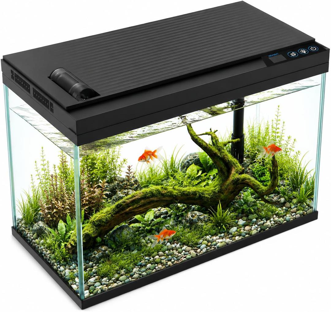 5 Gallon Fish Tank with Auto Feeder, Aquarium Starter Kit with Self Cleaning Filter, Crystal-Clear Glass, 7-Color LED Light, 5-Minute Setup, Vacation-Ready Betta & Goldfish Tank for Desk & Office