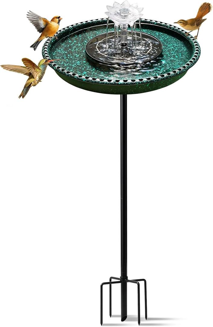 Bird Bath with Solar Powered Fountains for Hummingbirds,Stable Stylish Design with 5-Prong Base Stake Plastic Bird Bath for Outside Lawn Patio Yard Garden