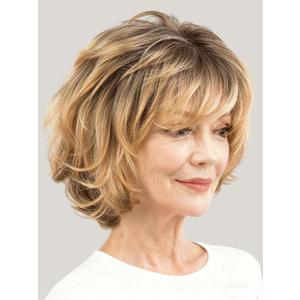 Ombre Honey Blonde Highlight Wig with Bangs Bob Wigs for White Women, Layered Short Wavy Haircuts Wigs for Women with Thin Hair/Grey Hair Covery Natural Synthetic Wig Daily Party Use