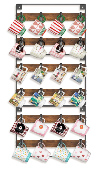EsLuker.ly Mug Holder Hanger Rack Wall Mounted Wooden 3 Pack Coffee Cup Storage Organizer Display Shelf with 24 Movable Plastic Hooks, Ideal for Mug Collectors