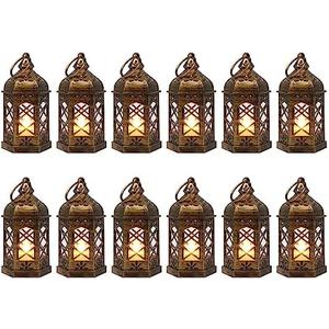 LLQ Mini Lantern with LED Candle, 12PCS Small Lanterns Decorative Indoor, Vintage Moroccan Lights for Halloween Decorations, Hanging Ornaments for Christmas, Table Centerpiece, Boho Wedding Decor