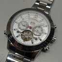 FORSINING Men Tourbillon Mechanical Self-Wind Watch, Day Date Month Full Calendar, Luminous Tachymeter Multifunctional Automatic Watches, Carved Big Dial Stainless Steel Band Wrist Watch, White Case