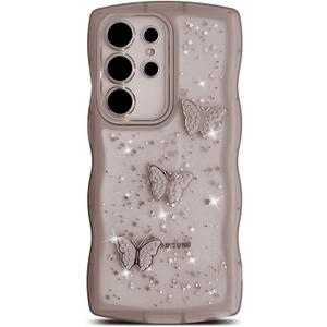 SUYACS for Samsung Galaxy S23 Ultra 6.8" Phone Case Cute Kawaii Bling Glitter Curly Wave Frame Shape 3D Butterfly Star Clear Case Cover for Women Soft Silicone Shockproof Protective Bumper (Black)