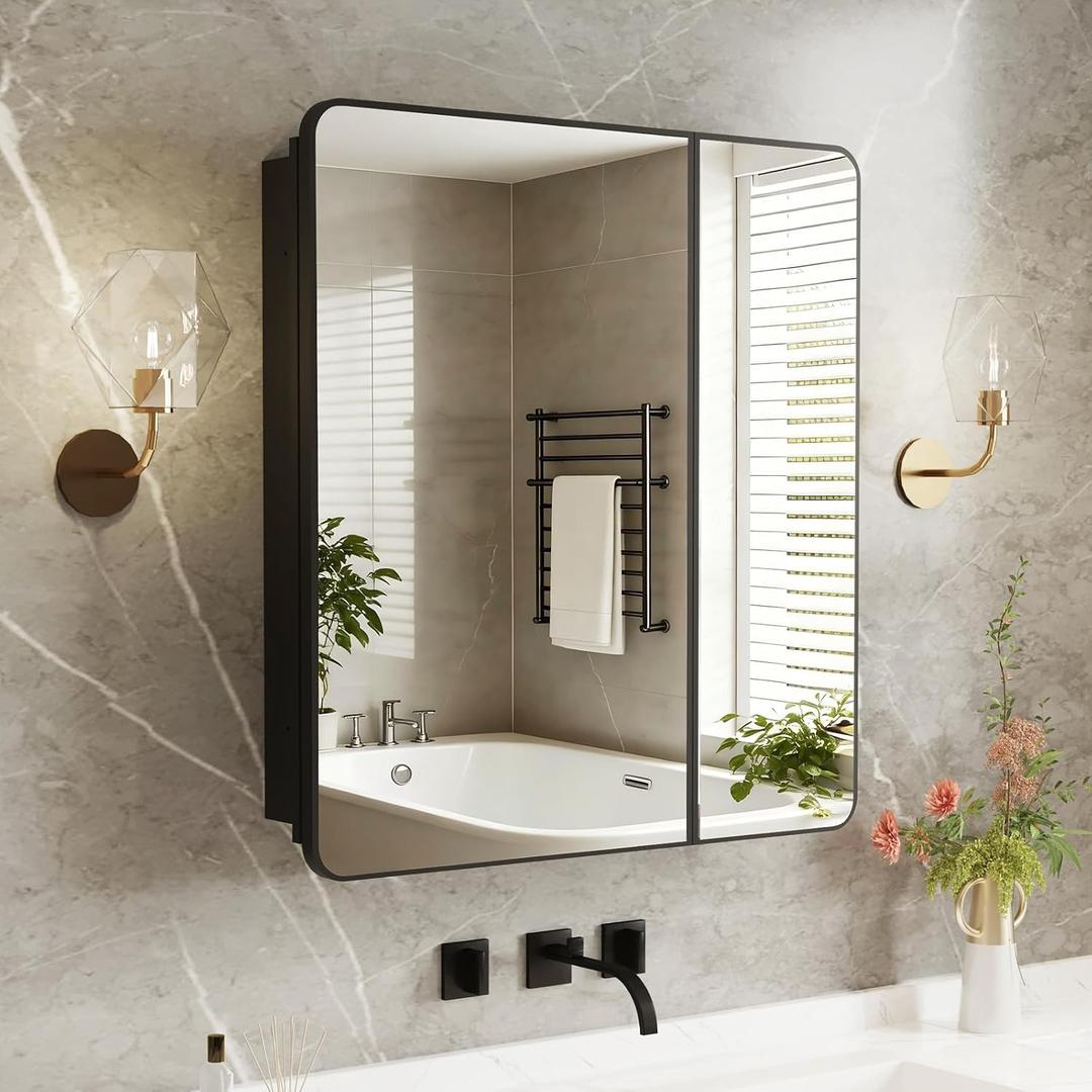 Medicine Cabinet Mirror 30x32 Inch, Black Bathroom Mirror Cabinet with Stepless Adjustable Shelves, Double Doors Metal Framed, Bathroom Mirror with Storage Recessed or Wall Mount