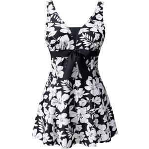 Women's One Piece Swimsuit Plus Size Swim Dress Tie Front V Neck Printed Swimwear Tummy Control Bathing Suit, 26W