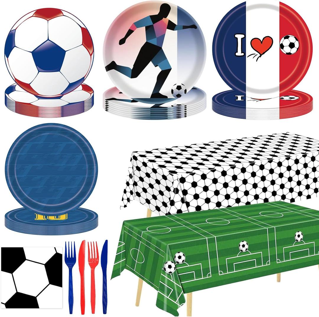 122Pcs Soccer Party Supplies Set, Disposable Tableware Kit with Soccer Paper Plates, Napkins, Forks, Tablecloth for Soccer Birthday Party Decorations, Sports Theme Party Decor for 24 Guests (Modle C)