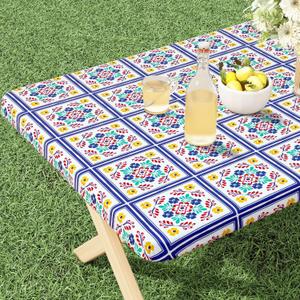 misaya Rectangle Vinyl Tablecloth, Fitted Table Cover, 100% Waterproof, Elastic Edge, Flannel Backing, Table Cloth Fit 6 Foot Folding Tables for Picnic, Outdoor (Geometric Flower, 30x72 inch) (Blue and Yellow)