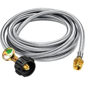 12FT Propane Hose Adapter 1lb to 20lb with Gauge, Anti-bite LP Tank Hose 20 lb to 1 lb, Grill Gas Line Fit for Weber Q Grills, Coleman Camping Stove, Blackstone 17"&22" Griddle, Mr Buddy Heater