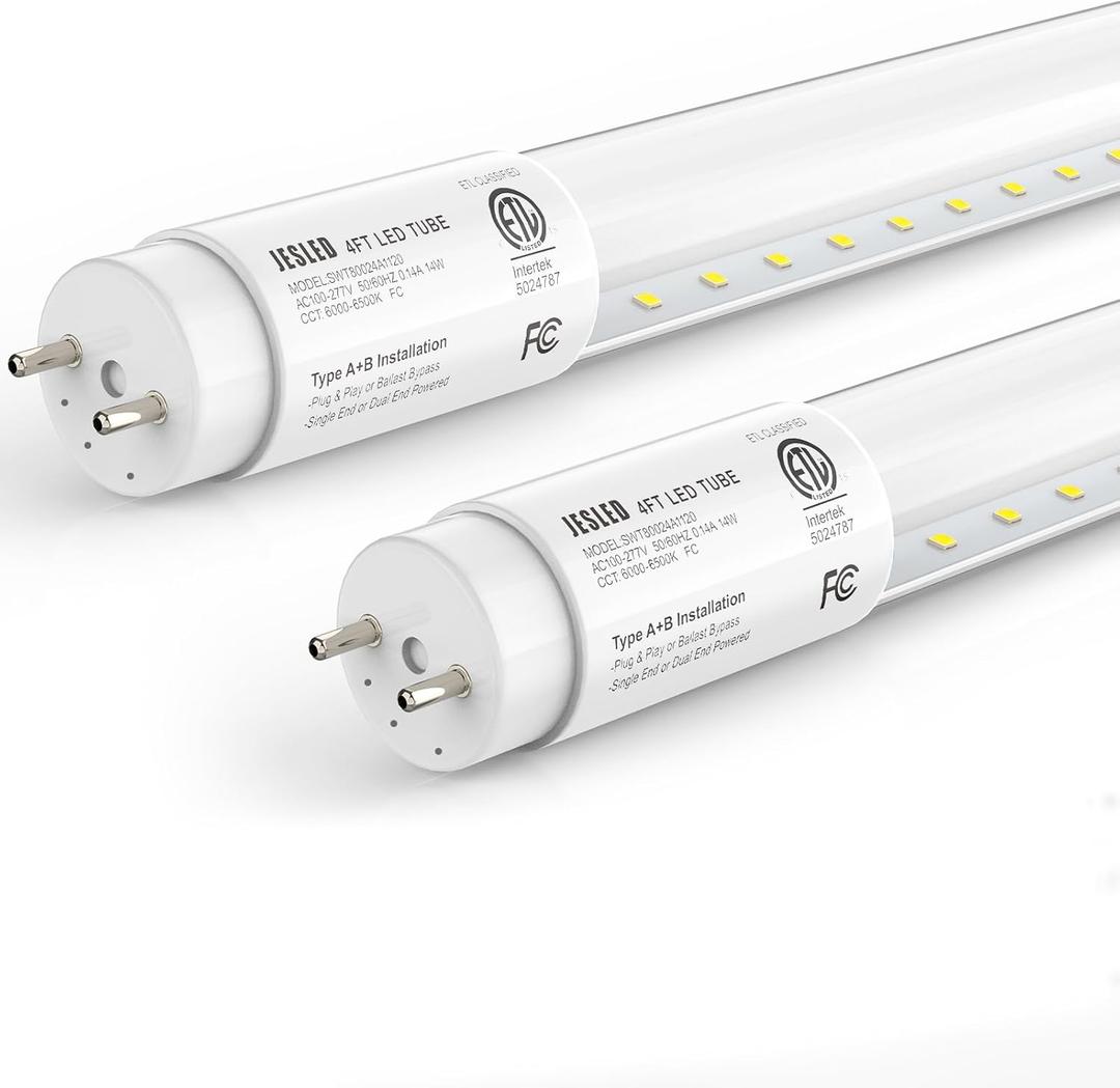 JESLED Fluorescent Light Bulbs 48 Inch, 14W 2450LM 6000K, T8 LED Bulbs 4 Foot Type A+B, Single or Double End Powered, F32T8 or F40T12 LED Replacement, Frosted, 2Pack, ETL Listed