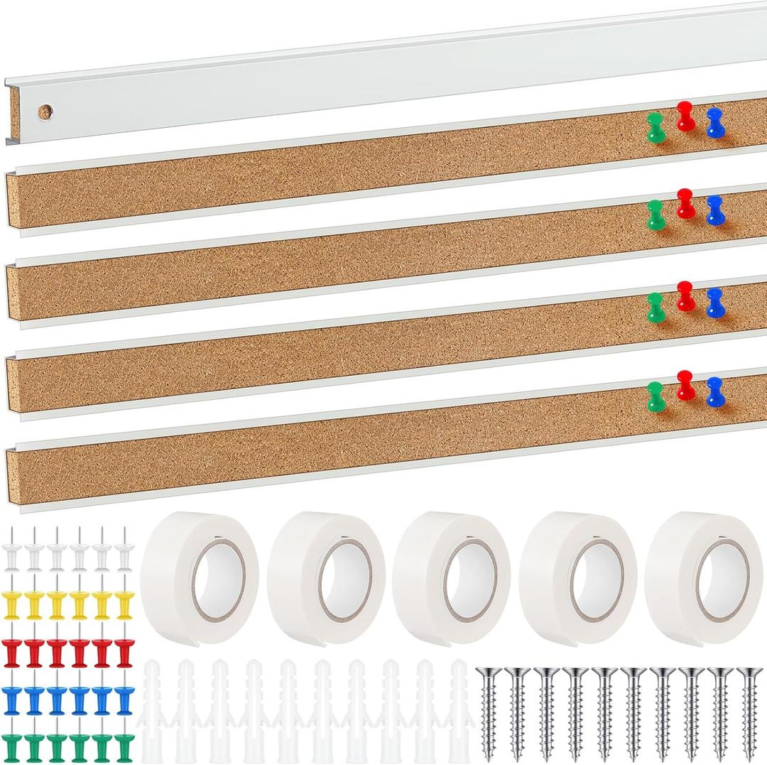 Threehoney 5 Pcs 48" x 1" Cork Strips Bulletin Bar Strips for Wall Bulletin Board Aluminum Trim Brown Cork Boards with Accessories for Paste Notes Photos Classroom Office Home Holiday Decor