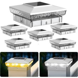 Solar Post Cap Lights, 6 Pack Upgraded Outdoor Deck Fence Post Solar Lights for 4x4 5x5 Wood/Vinyl Posts, IP65 Waterproof, 10-12 Hours Warm/Cool White Glow for Garden/Patio/Porch - White