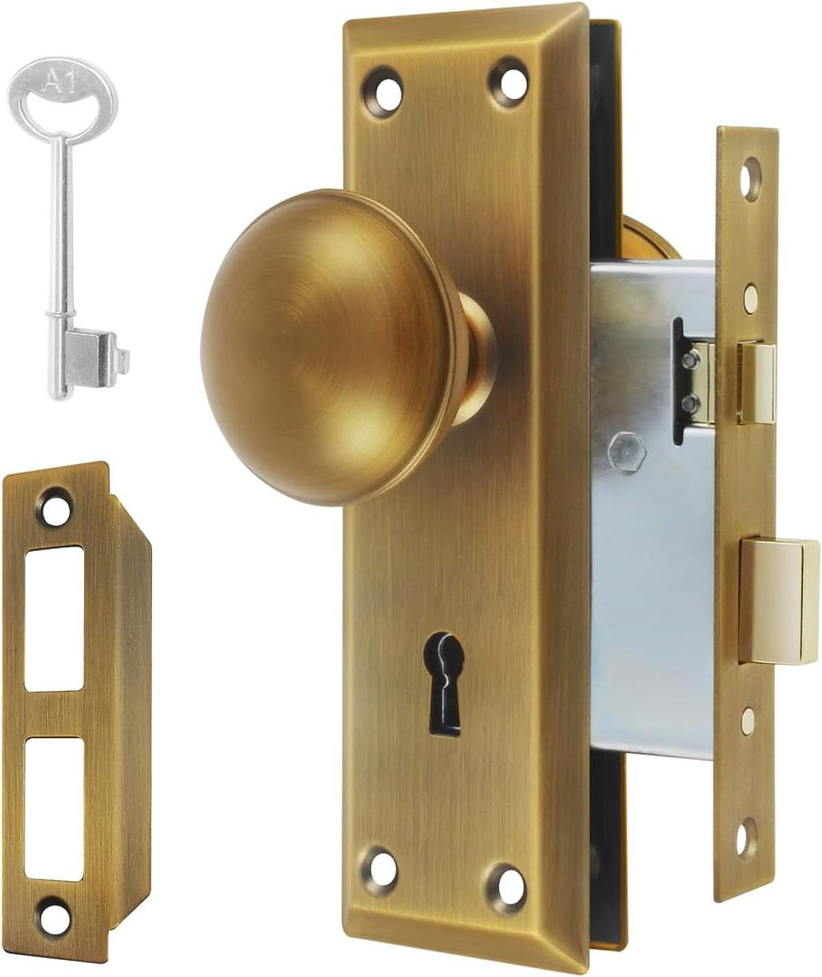 Vintage Door Knob with Lock for Interior Doors Antique Brass, Antique Brass 1 Pack Mortise Lock Set, Old Fashioned Bathroom & Bedroom with Skeleton Key for Old House Doors