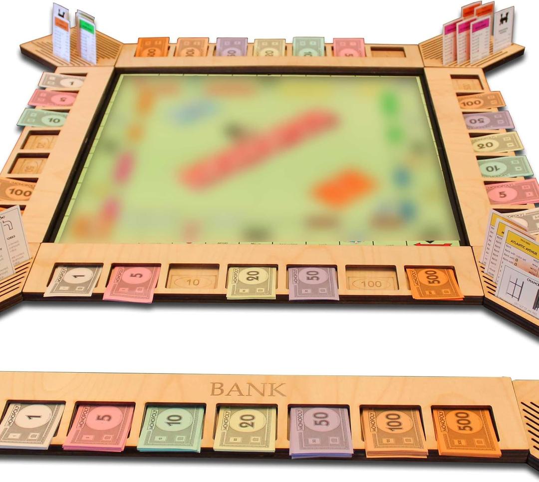 Custom Board Game Frame Personalized Game Board Organizer Compatible with Monopoly Board Game and Monopoly Game Pieces | Economic Themed Game Organizer | Complete Set | Natural (4 Sides + Bank + 5 Corners (Natural))