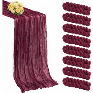 8 Pack Burgundy Valentine's Day Cheesecloth Table Runner 21x120 Inch Wine Red Gauze Reusable Polyester 10ft Boho Rustic Cheese Cloth Table Runner for Wedding Party Baby Shower Birthday