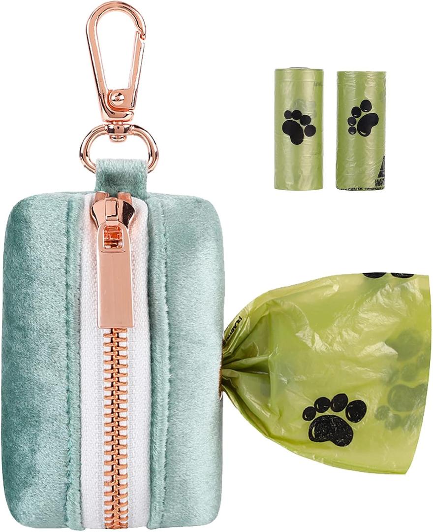 ARING PET Dog Waste Bag Dispenser, Velvet Green Doggy Poop Bags Holders Attach to Any Leashes, Portable Washable Pet Waste Pouch Dispenser with Metal Zipper (1 Count (Pack of 1))