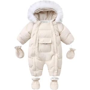 Baby Snowsuit Toddler Winter Unisex Romper Infant Girls Boys Solid Hooded Jumpsuit with Gloves Footie Down Coat Jacket (12-18 Months, 4-white)