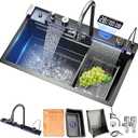 Waterfall Kitchen Sink,Stainless Steel Single Bowl Digital Display Smart Sink Drop In With Various Accessories (Dark Gary, 29.5" x 17.7"x8.7")