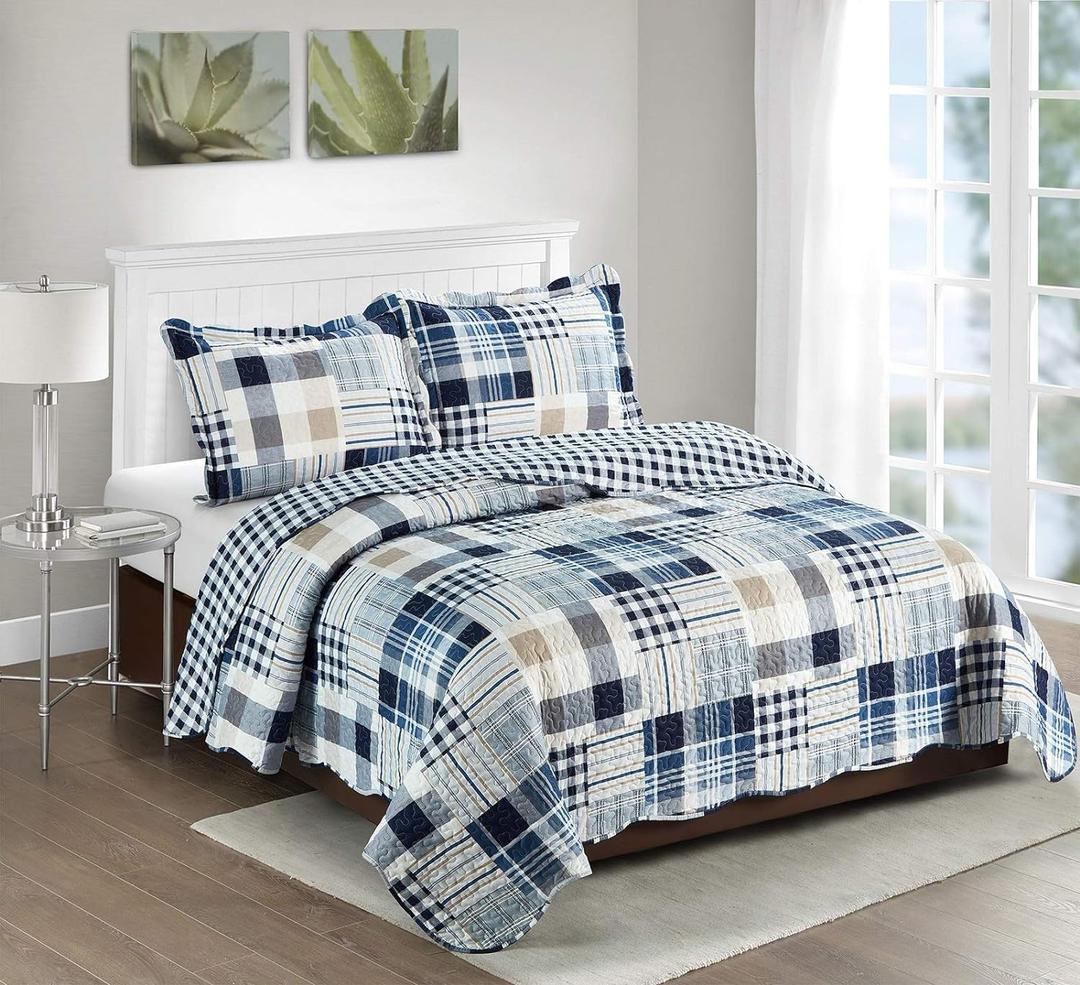 Brilliant Sunshine Plaids and Stripes Quilt Set, 3-Piece Bedding Sets with 2 Shams, Patchwork Design, Washable and Reversible Bedspread, Soft Lightweight Coverlet, All-Season, Full/Queen, Blue