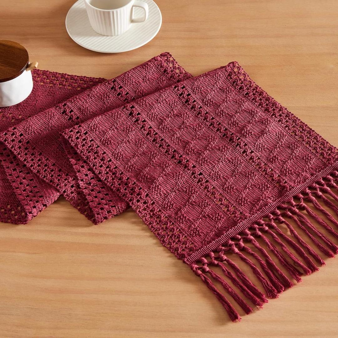 ZeeMart Macrame Style Boho Table Runner, Burgundy Red Table Runners 72 Inches Long, Farmhouse Woven Home Decor, 12x72 Inch, Burgundy