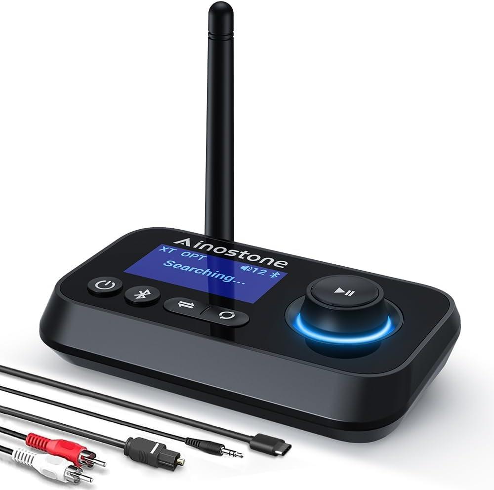 Bluetooth Transmitter Receiver 3-in-1 Bluetooth 5.3 Audio Adapter for 2 Headphones with Bypass Volume Control ON/Off Switch LCD Display 3.5mm Aux/Optical/RCA for Home Stereo TV Speaker PC (All Black)