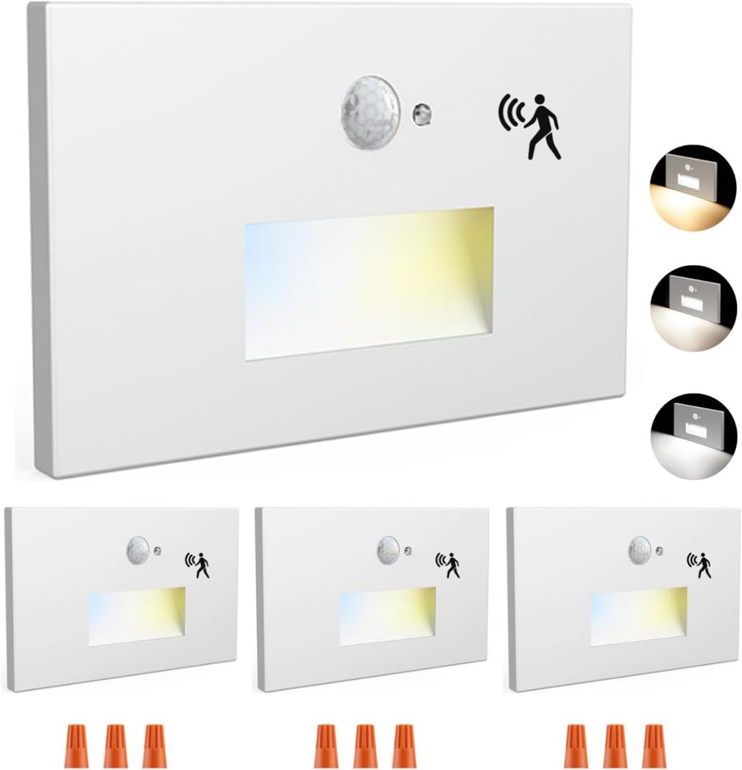 4 Pack Motion Sensor LED Step Lights, 3 Color Stepless Dimmable 120V Hardwired Stair Lights Indoor Outdoor, 3000K/4000K/6000K 3.5W 150LM IP65 Waterproof Staircase Light, Aluminum, ETL, White 4 Pack Motion Sensor LED Step Lights, 3 Color Stepless Dimmable 120V Hardwired Stair Lights Indoor Outdoor, 3000K/4000K/6000K 3.5W 150LM IP65 Waterproof Staircase Light, Aluminum, ETL, White