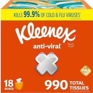 Kleenex Anti-Viral Facial Tissues, Classroom or Office Tissue, 18 Cube Boxes, 55 Tissues per Box, 3-Ply (990 Total Tissues) (White)