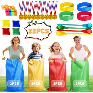 33PCS Potato Sack Race Bags, Outdoor Games for Kids Adults, with Potato Sacks, 3 Legged Race Bands, Bean Bag Toss, Egg Spoon Game, Medals, Whistle, for Carnival Birthday Party Outside Yard Field Day Games