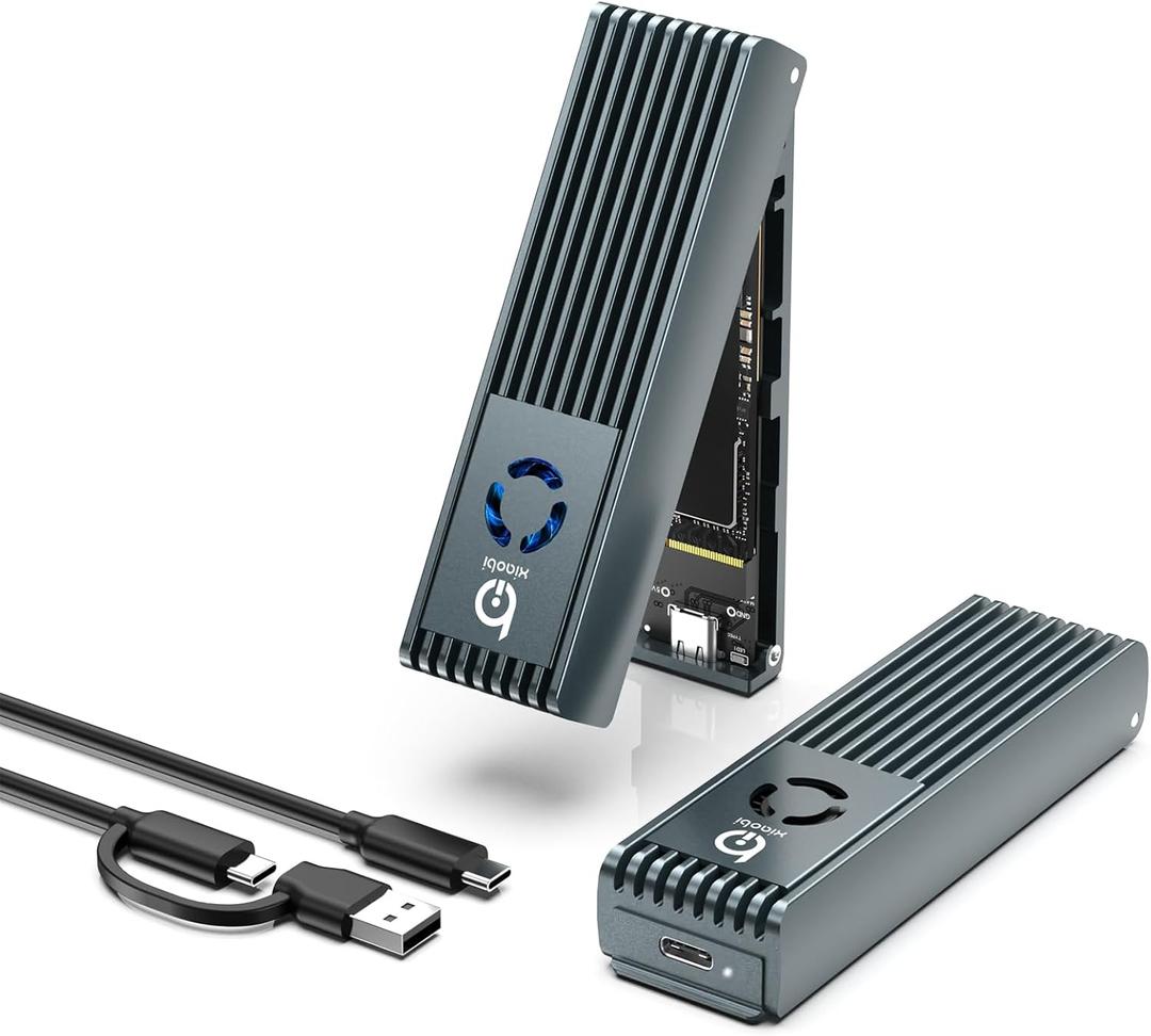 NVMe Enclosure with Cooling Fan, Tool-Free Installation,Full Aluminum Alloy, Sandwich Style Design, USB 3.2 Gen 2 PCIe Adapter for M & M+B Key NVMe/SATA M.2 SSD Case for 2230/2242/2260/2280
