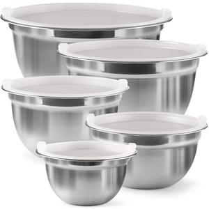 Stainless Steel Mixing Bowls Set with Lids, Home Kitchen Cooking Essentials Household Must Haves for Baking, 5 Pieces, Silver