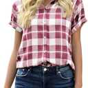Veatzaer Women's Plaid Short Sleeve Button Down Shirt Casual Summer Blouses Tops X-Large, Pink